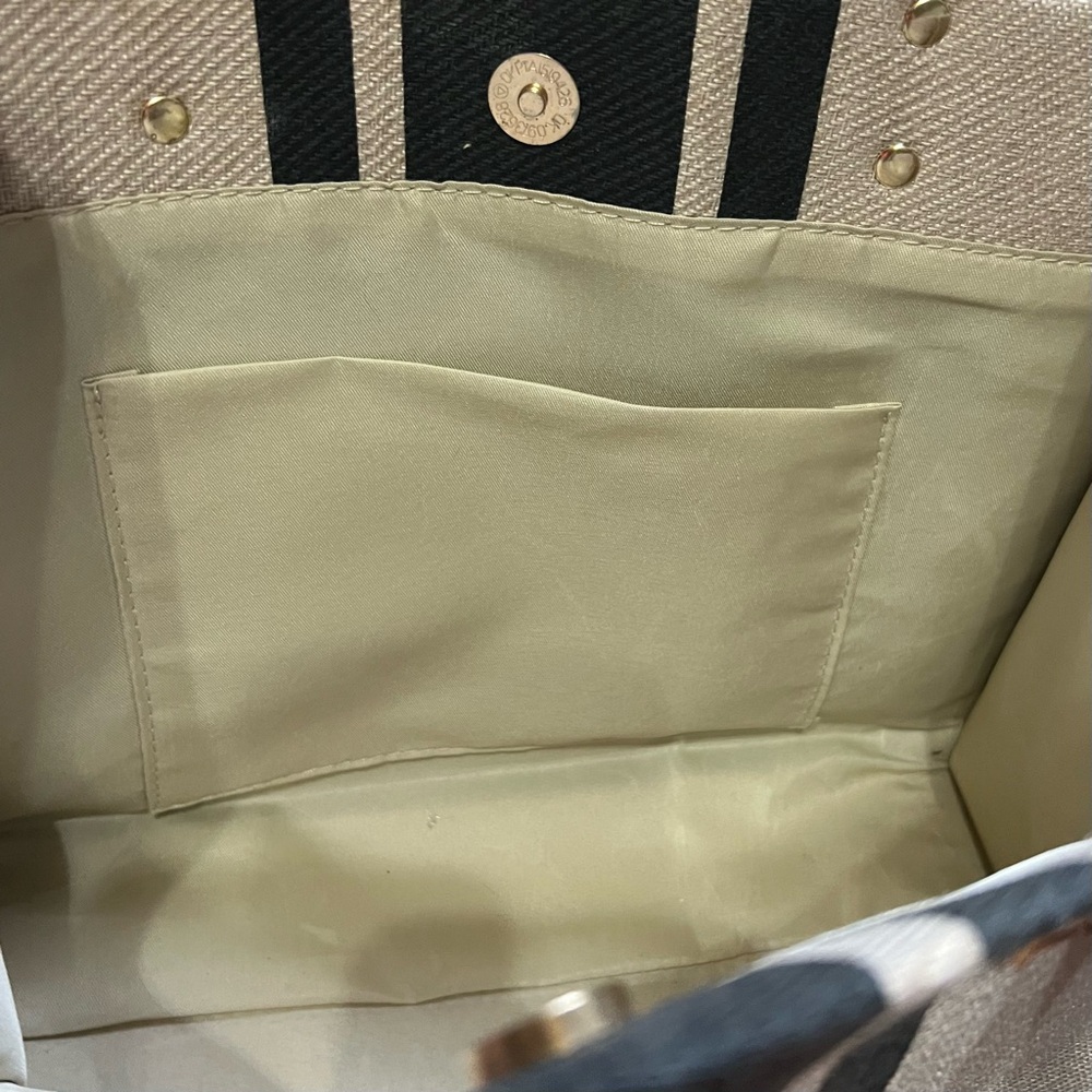 Structured Canvas Tote Bag Neutral Stripe Commuter & Beach Bag Tan/Black - Picture 6 of 10